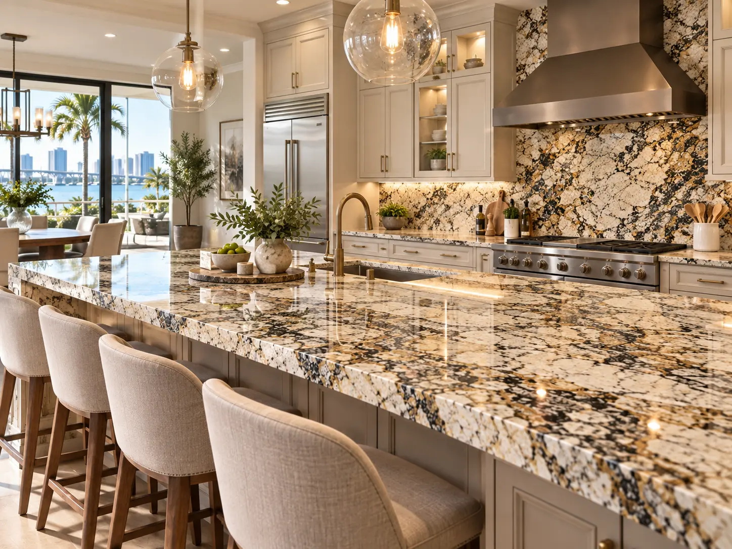 Warm white kitchen with a long granite island and gold mineral movement