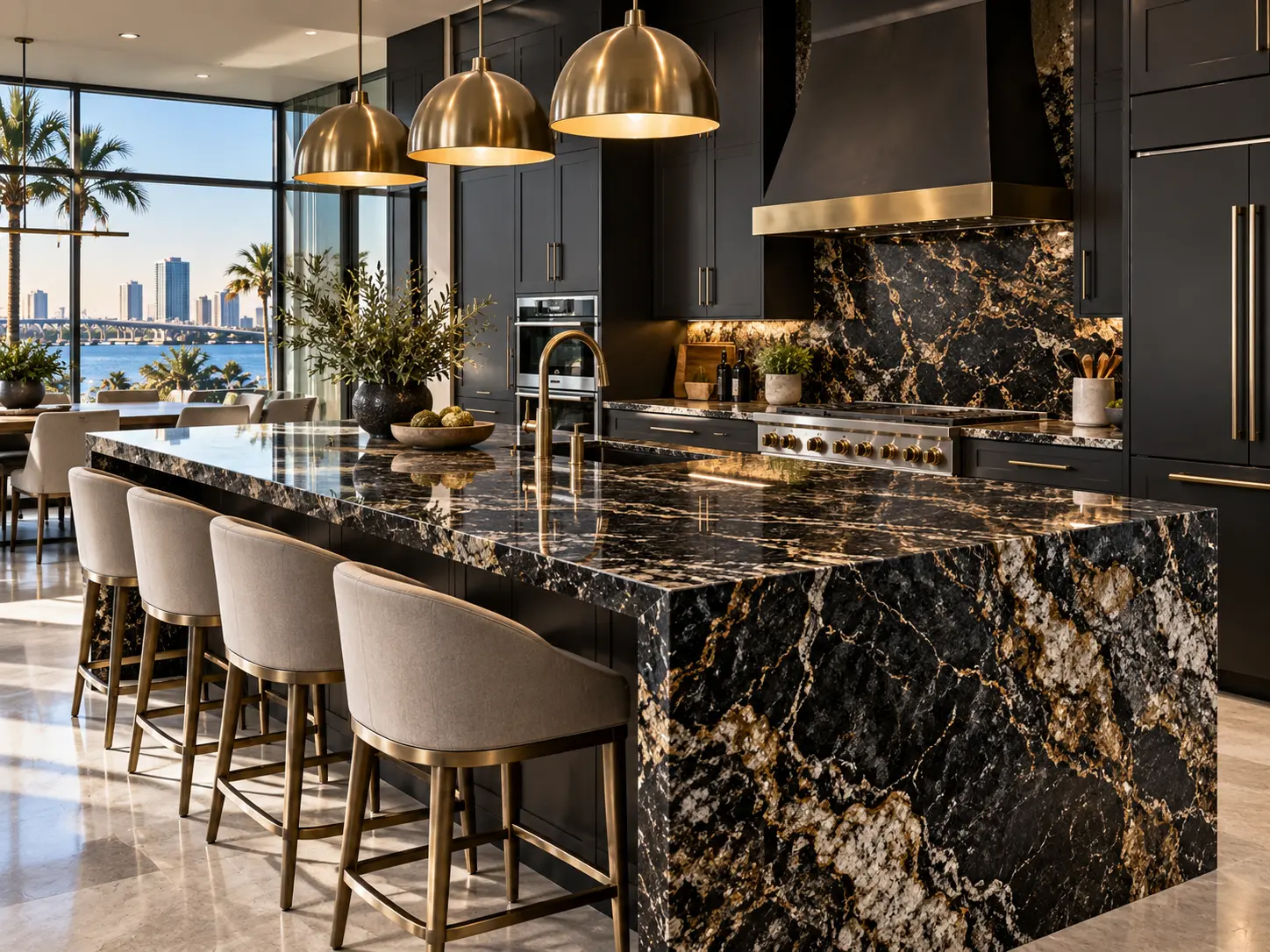 Dark kitchen with black and gold granite counters and backsplash